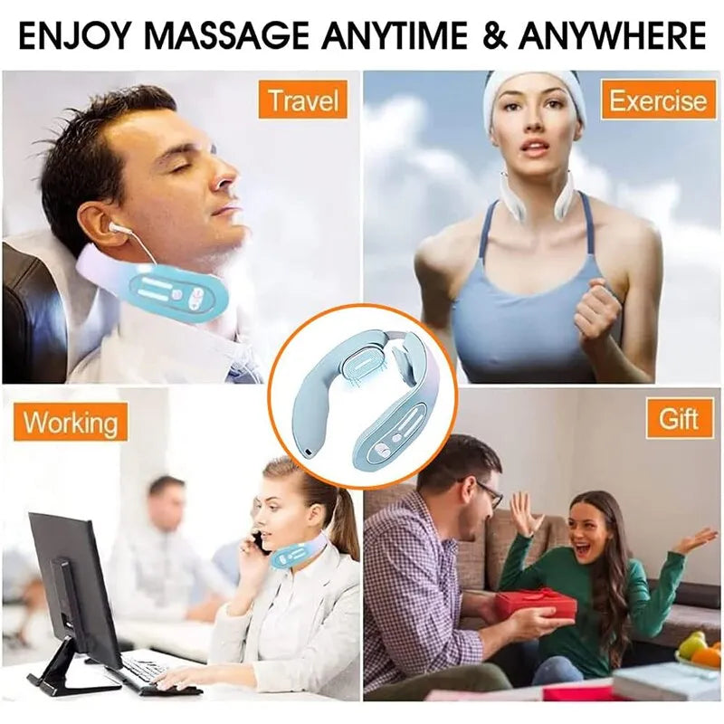 Blue Hot Compress Neck Massager - Cervical Massage Instrument with Micro Current Pulse Vibration - Kneading and Neck Physical Therapy