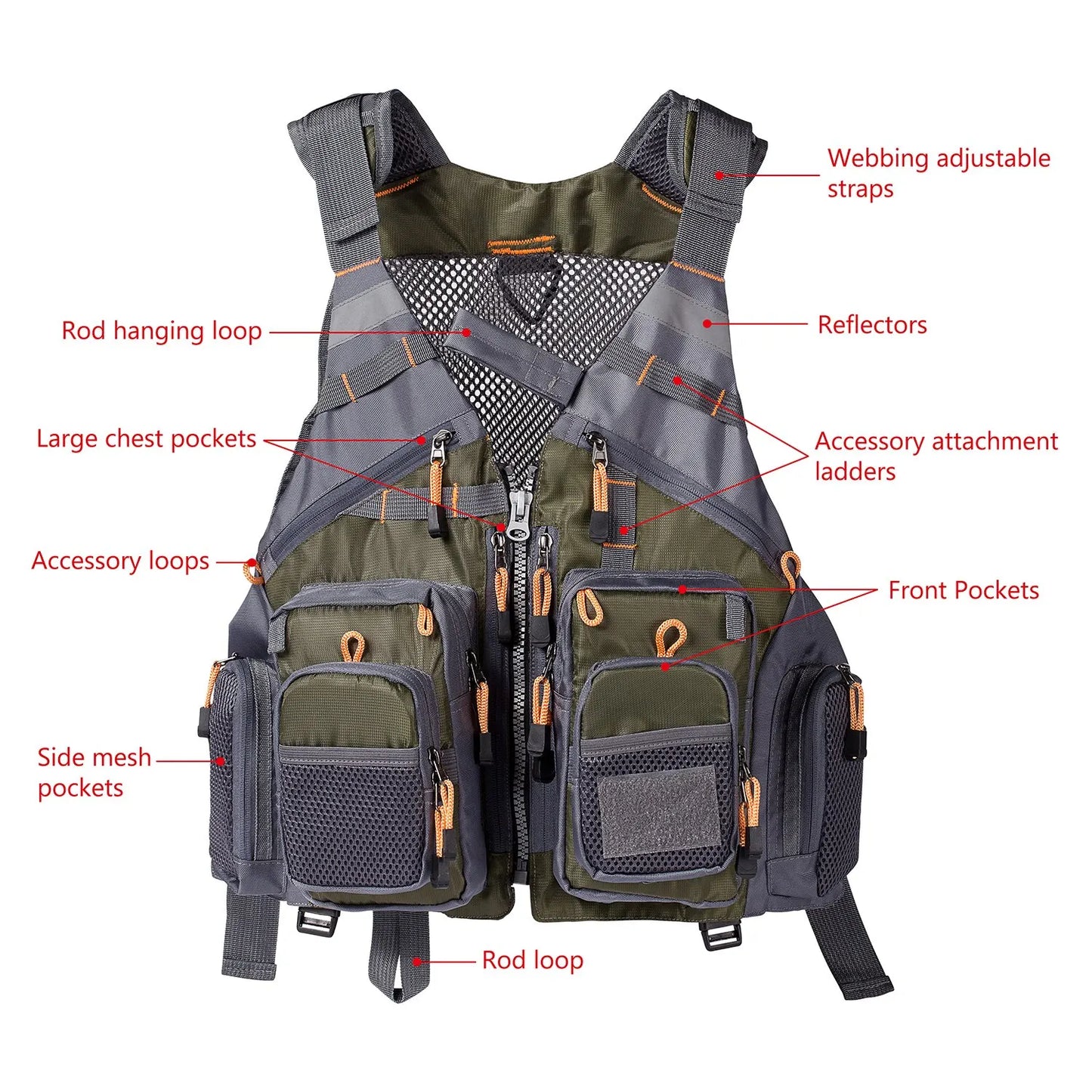 Bassdash Breathable Fishing Vest - Adjustable Outdoor Sports Fly Swimming Vest for Fishing Tackle