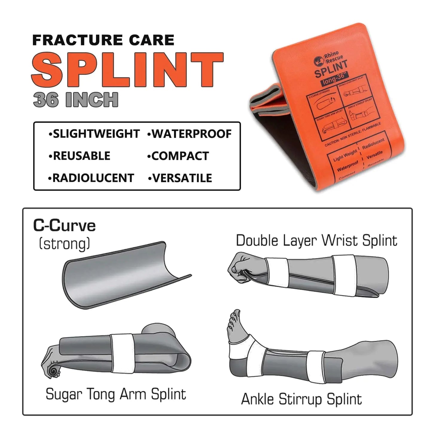 RHINO RESCUE First Aid Splint – 36" x 4.3" Green-Gray – Keeps Bones in Position – Ideal for Camping, Hiking, Emergency Kits