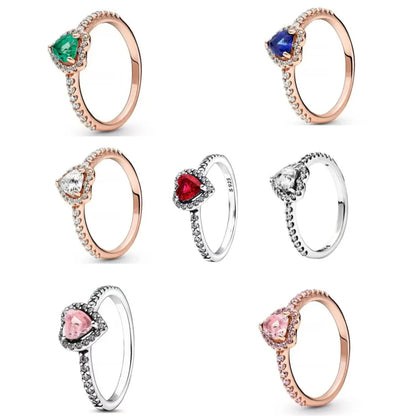 925 Silver Heart Ring with Red, Pink, White, Blue, Green Zircon - Rose Gold Design, Sparkling Original Rings for Women