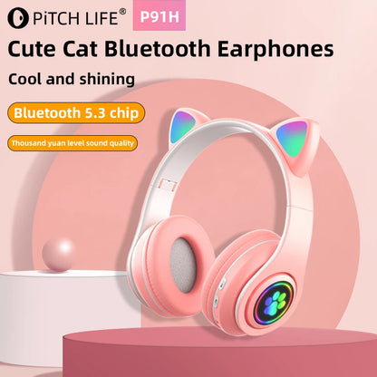 P91H Cute Cat Ears Bluetooth Wireless Headphones – With Mic, LED Flash Light, Stereo Music, Foldable Design