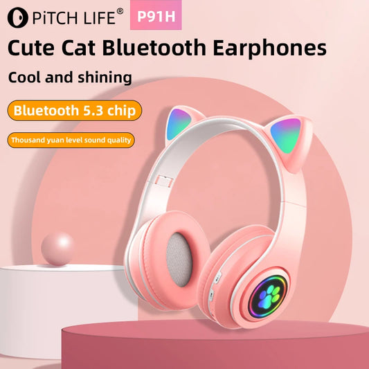 P91H Cute Cat Ears Bluetooth Wireless Headphones – With Mic, LED Flash Light, Stereo Music, Foldable Design