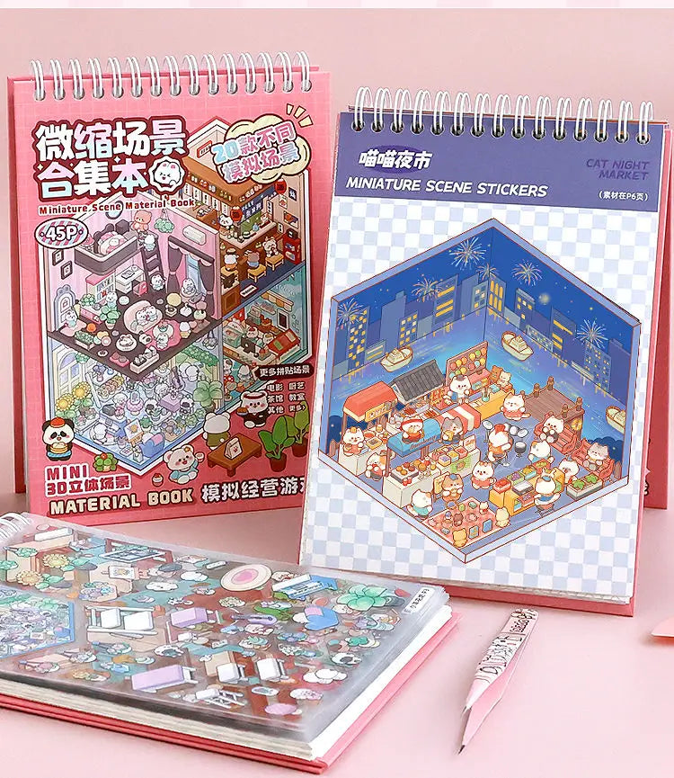 20Pcs 20 in 1 Cartoon Landscape 3D Sticker Book - DIY Pocket Cabin Scene Stickers Gift for Kids