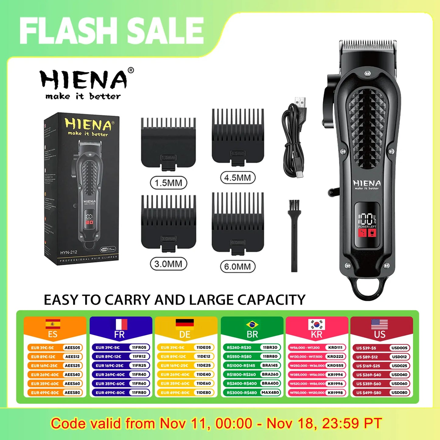 Hiena HYN-212 Electric Hair Clipper – USB Rechargeable Cordless Beard Trimmer for Men – Powerful Hair Trimming Tool