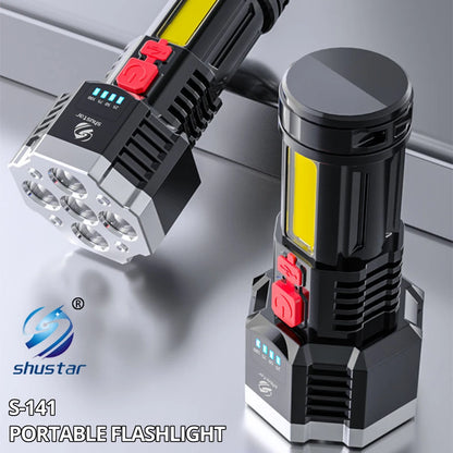 Rechargeable High-Power LED Flashlight with COB Side Light - Lightweight Outdoor Torch