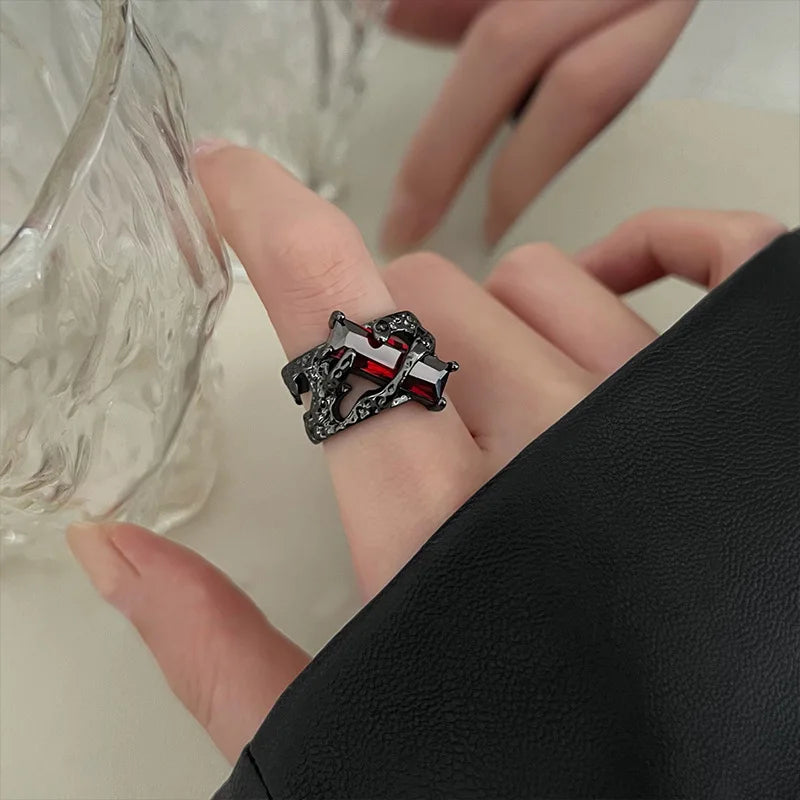 2023 Punk Black Thorns Vine Rings - Hollow Unisex Couple Finger Ring with Red Rhinestones, Jewelry Gift for Men and Women