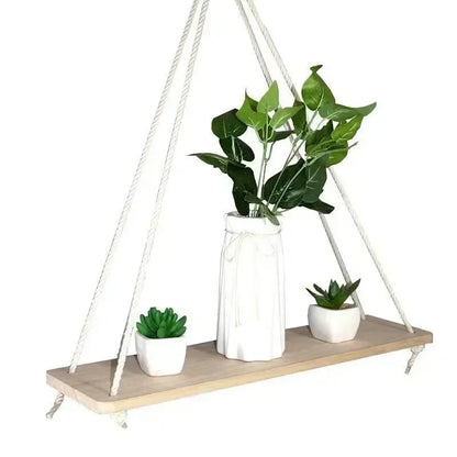 Wooden Rope Swing Wall Hanging Plant Pot Tray – Nordic Floating Shelves for Simple Home Decoration