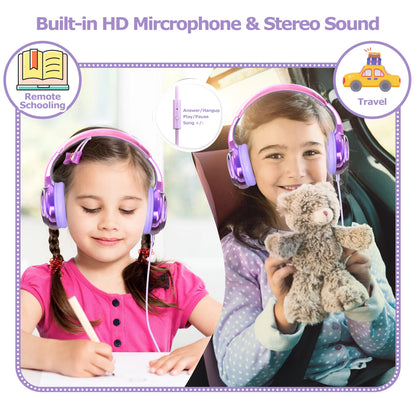 New Girls Wired Headphones with Mic – Over-Ear Headset for School, PC, Phone, Kids Gifts in Purple and Pink