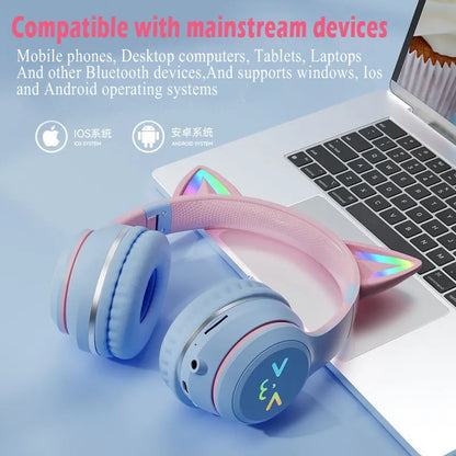 RGB Light Cat's Ears TWS Headset: Gradient Smile Face Headphone - Pink Little Girl Earphone Gift for Any Phone