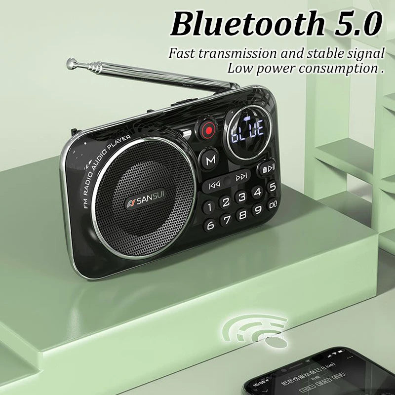 Portable Walkman FM Radio - Bluetooth 5.0 Speaker for the Elderly, MP3 Music Player with Recording and Headphone Support