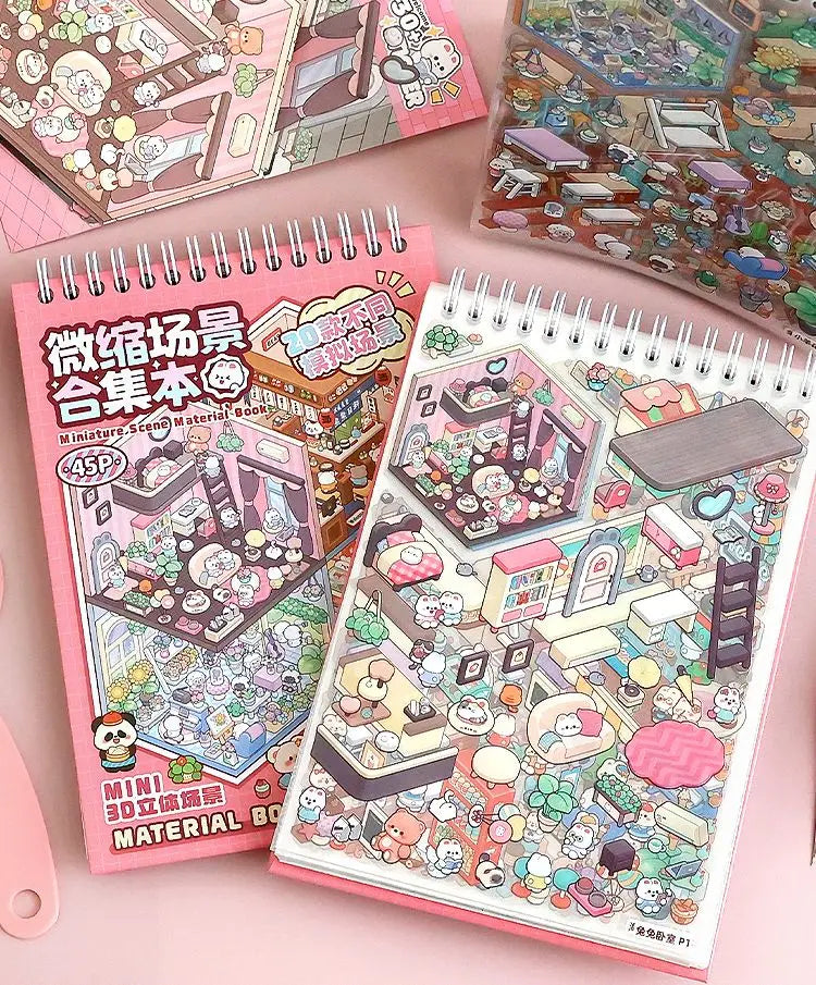 20Pcs 20 in 1 Cartoon Landscape 3D Sticker Book - DIY Pocket Cabin Scene Stickers Gift for Kids