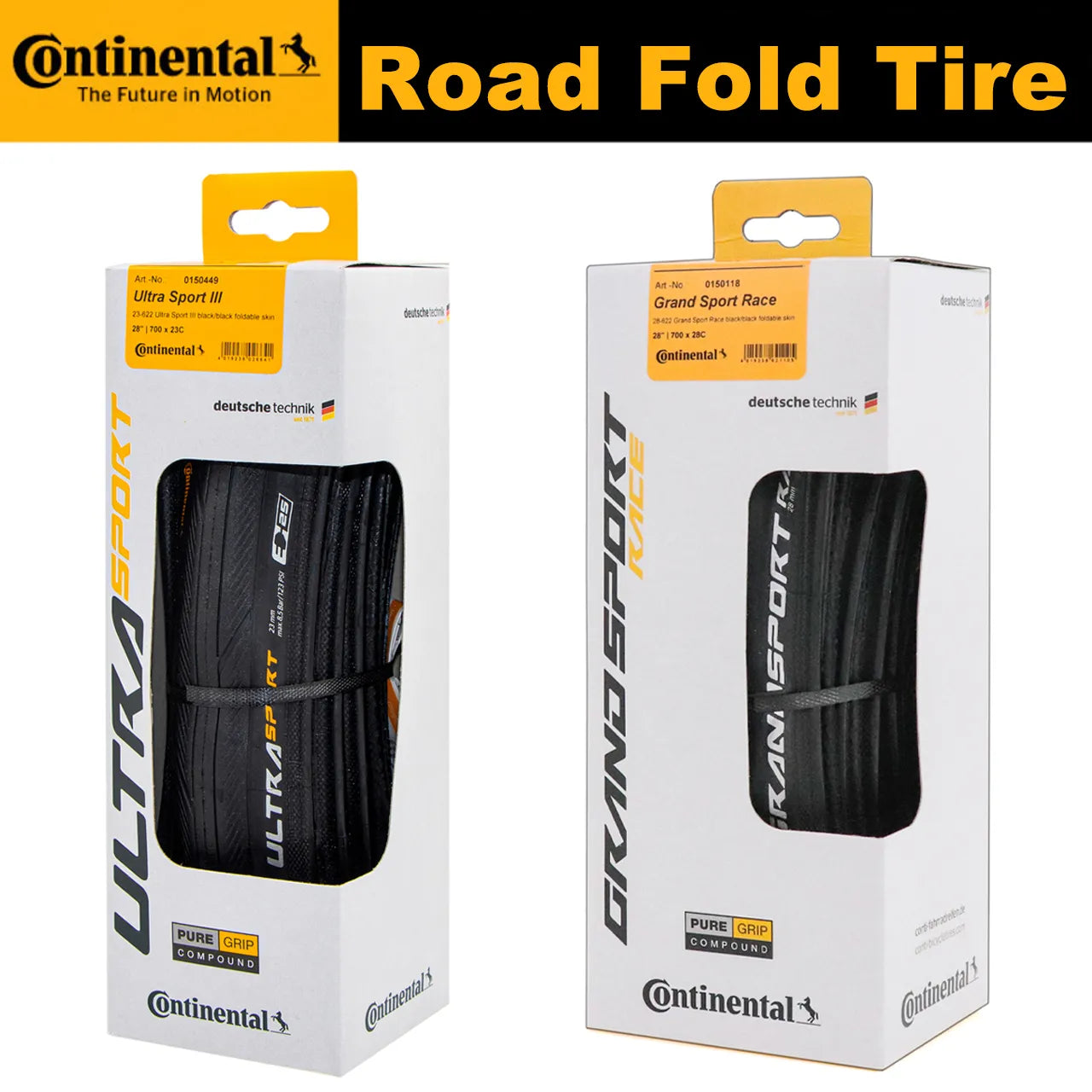 Continental Road Tire Bundle: ULTRA SPORT II & GRAND Sport Race - 700x23c/25c/28c Clincher Foldable Tires - 1 Pair for Road Cycling