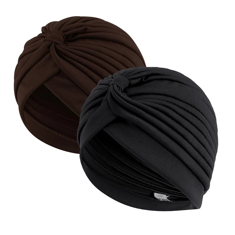 2pcs Stretch Turbans Head Beanie Cover - Twisted Pleated Headwrap in Assorted Colors - Hair Cover Beanie Hats for Women Girls