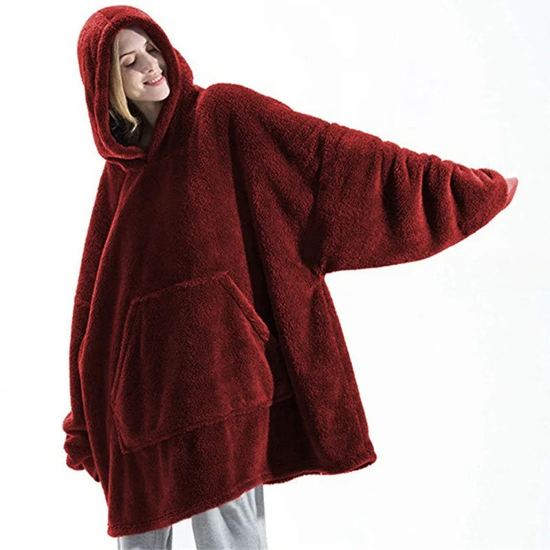 2024 Double-Faced Fleece Hoodie Blanket for Couples - Oversized, Warm Winter Robe with Large Pocket for Women and Men