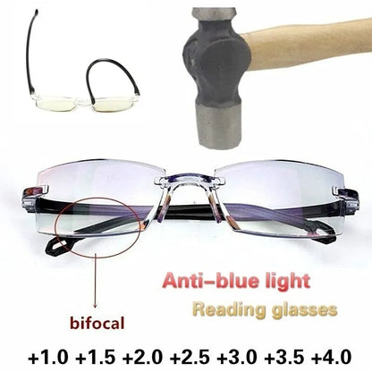 2 Pairs Rimless Reading Glasses: Anti-Blue Light Bifocal Far Near Magnification Eyewear - Presbyopic Glasses for Men and Women