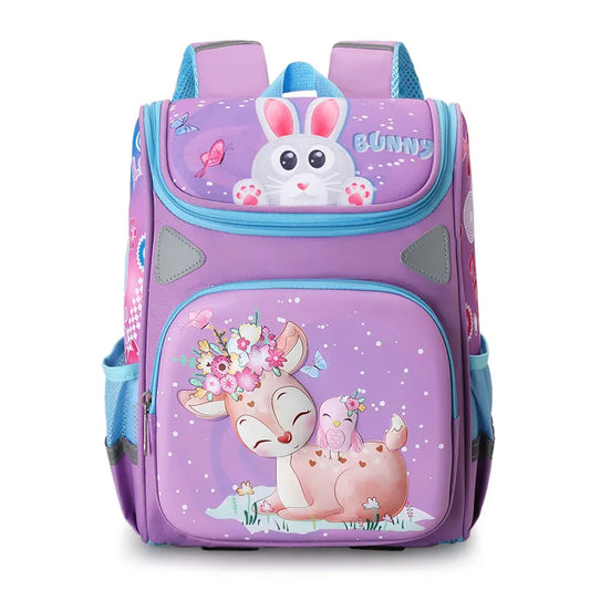 Cute Cartoon Deer Girls School Bag - Princess Purple Nylon Backpack for Primary School Kids