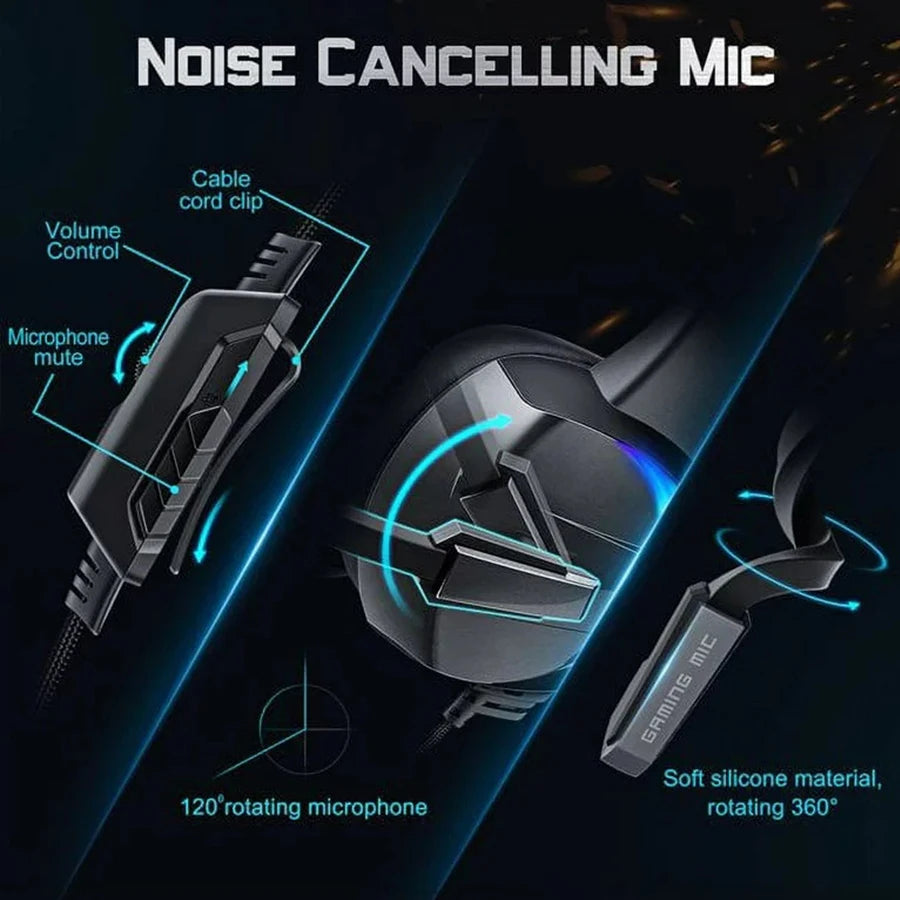 RGB Gaming Headset with Noise-Canceling Microphone, Surround Sound & LED Lights for PS5, PS4, Xbox One, PC, Laptop, Mac