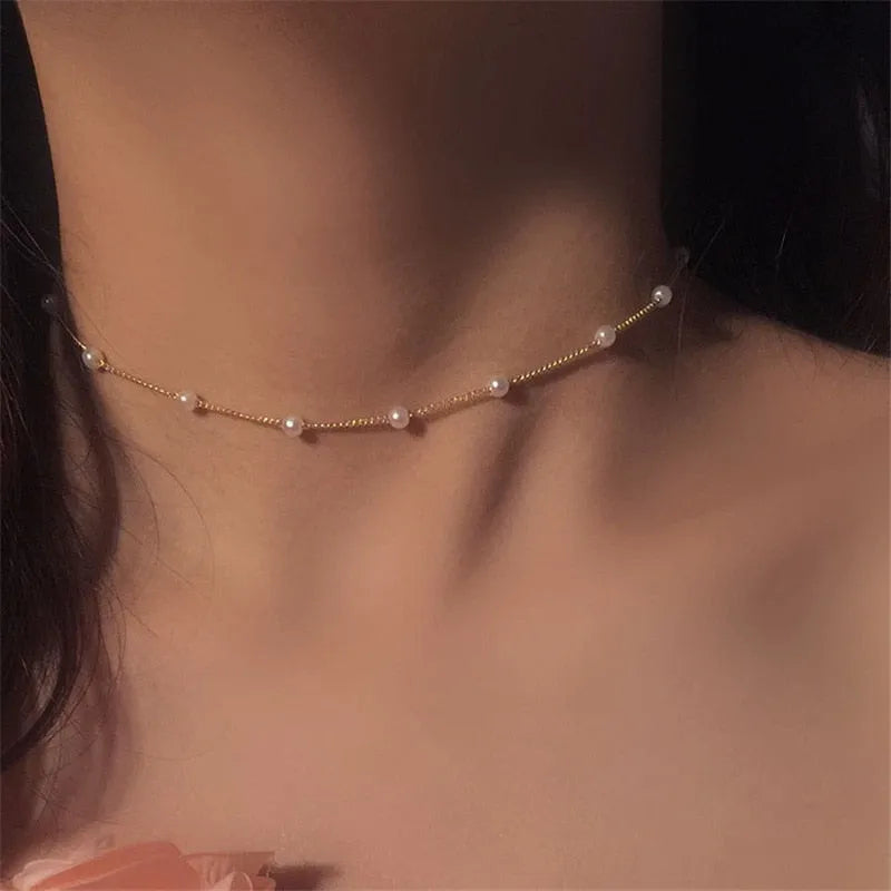 Women's Korean Style Pearl Choker Necklace – Gold Color Jewelry Pendant for 2023, Elegant Collar for Girls