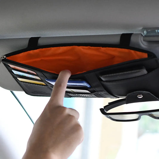 Car Sun Visor Glasses Storage | PU Leather Multi-Function Organizer Pocket | Auto Sunglasses & Cards Holder