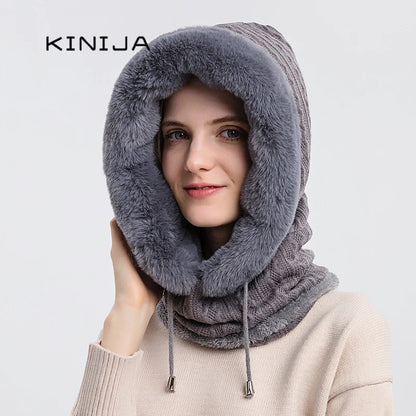 Winter Fur Cap and Mask Set for Women - Hooded Knitted Cashmere Balaclava with Plush Beanies, Windproof and Neck Warm