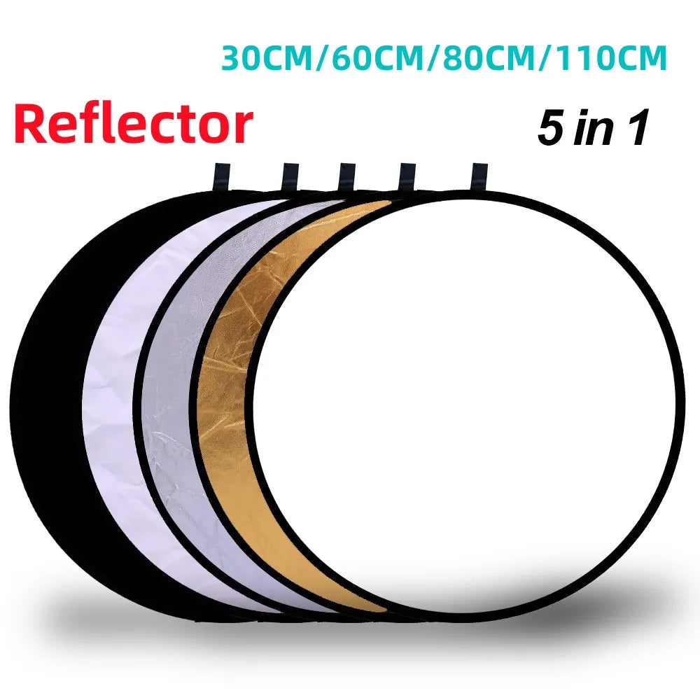 RF01 24" 5in1 Reflector: Portable Collapsible Soft Light Round Photography for Studio - Silver White Gold, 30CM-110CM, 2in1 Design