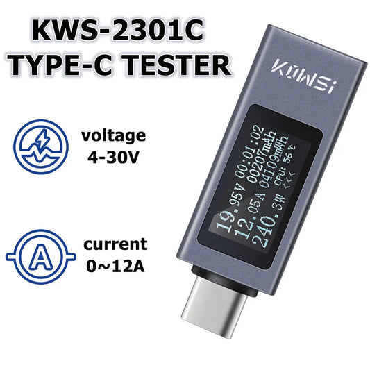 Type-C Tester DC 4-30V 0-12A - Digital Voltmeter and Amperimeter, Voltage Current Meter, Power Bank Charger Indicator