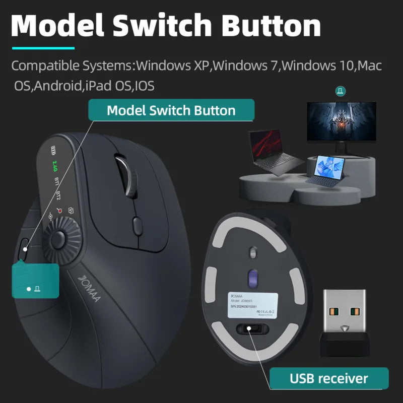 Multi-Device Vertical Ergonomic Mouse - Rechargeable 2.4G Bluetooth Wireless Mouse with Function Adjustment for PC and Tablet