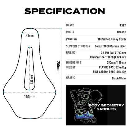 RYET Ultralight 3D Printed Bicycle Saddle: Carbon Fiber Hollow Comfort for MTB, Gravel, Road Bike - Breathable Cycling Seat Parts