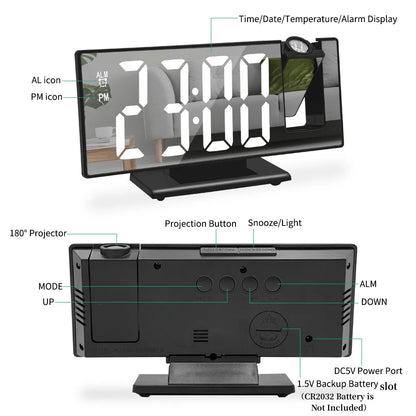 180° Arm Projection Digital Alarm Clock: Time, Temperature, Snooze Function - USB Projector LED Table Clock in 12/24H Format