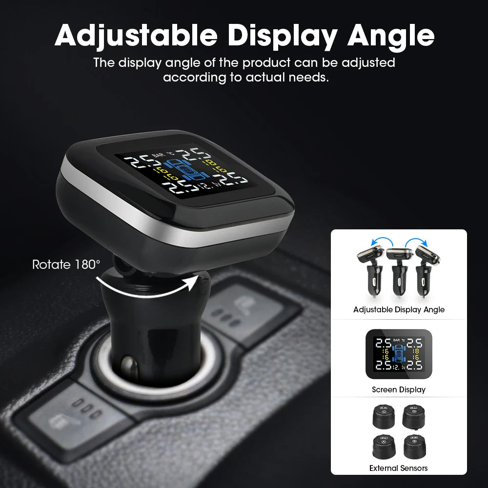 Universal Car TPMS with USB Cigarette Lighter - Wireless Digital Tire Pressure Monitoring System with 4 External/Internal Sensors