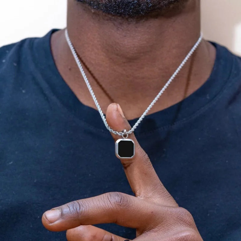 Vnox Geometric Square Necklace for Men - Enamel Pendant with Rope, Cuban Figaro Box Chain, Casual Vintage Style