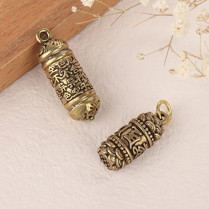 Vintage Hollow Brass Buddha Sutra Cylinder Pendant – Handmade Keychain Pill Box Container