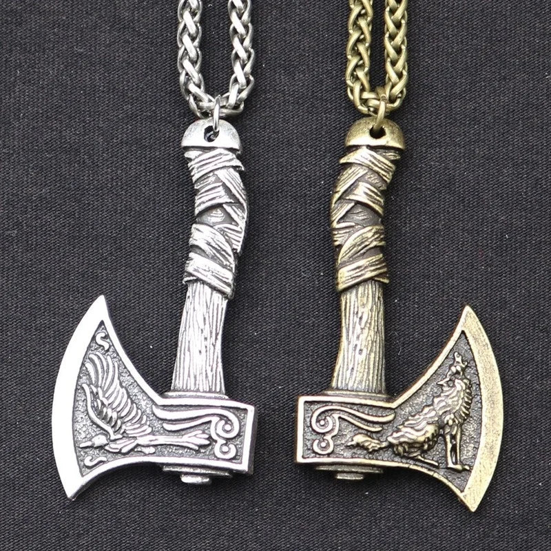 Trendy Retro Viking Tomahawk Pendant Necklace - Double-Sided Crow and Prairie Wolf Charm, Men's Metal Accessory for Parties