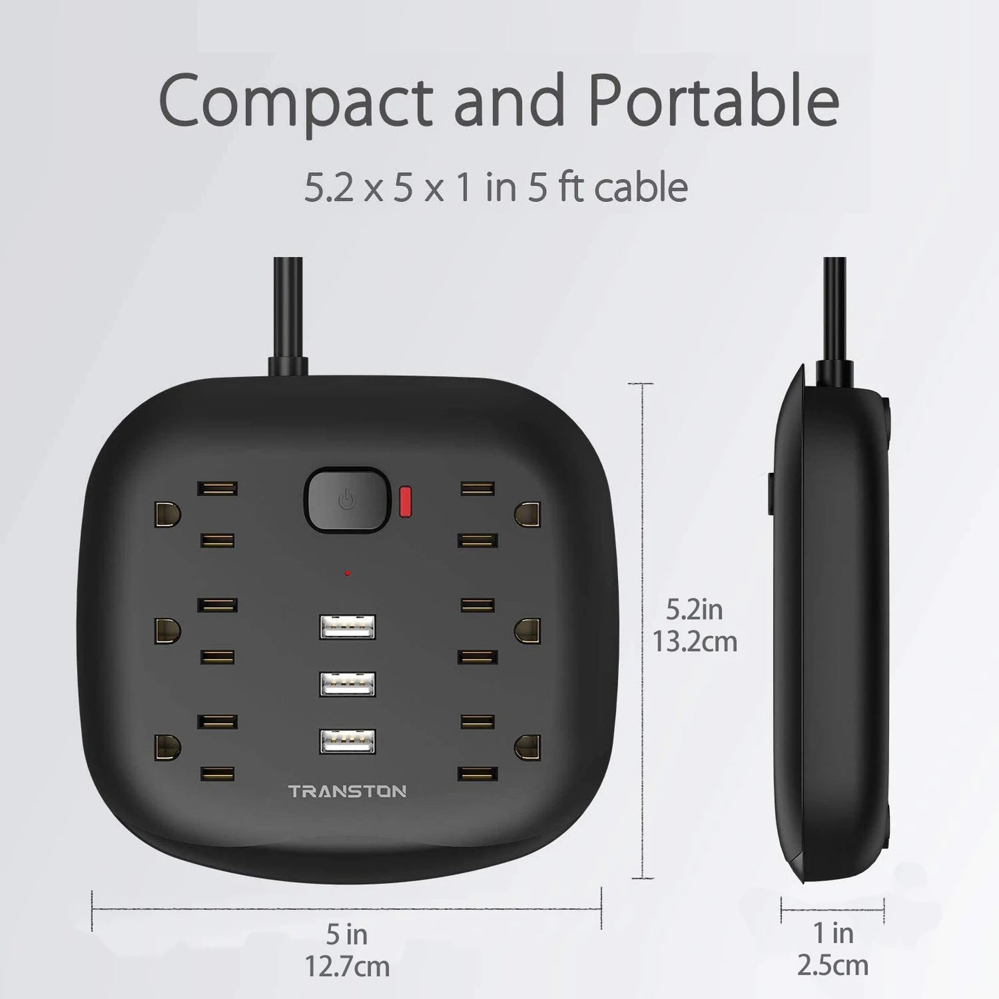 US Power Strip Surge Protector - 6 Outlet 3 USB with Switch Control & Flat Plug - Fireproof Heavy Duty Extension Cord - Compact Design