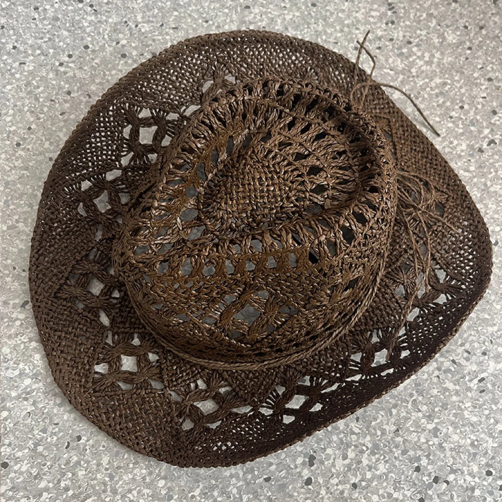 Classic Vintage Straw Western Cowboy Hat - Unisex Hollow Out Design with Wide Brim, Sun Protection Fishing and Climbing Cap