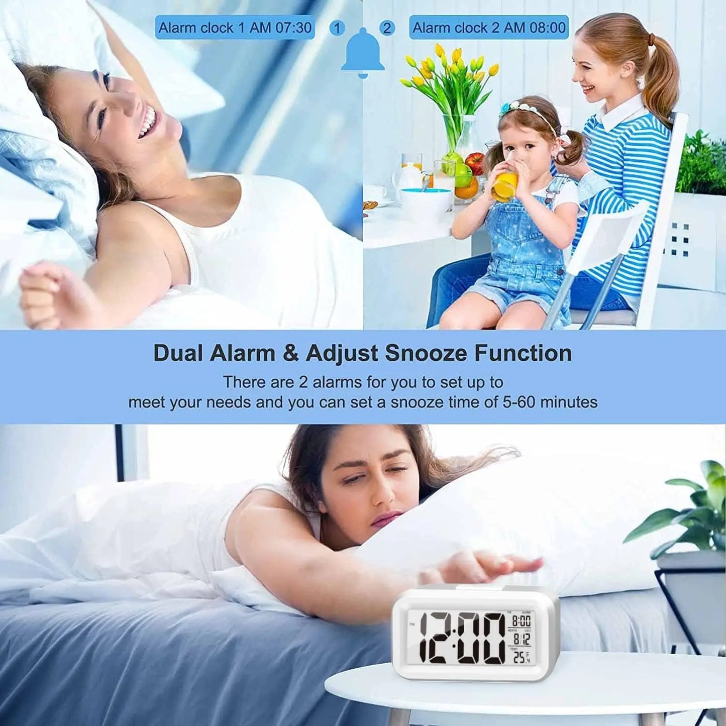 LED Digital Alarm Clock - Backlight, Snooze, Date, Time, Calendar, Multifunction Desktop Electronic Table Clock