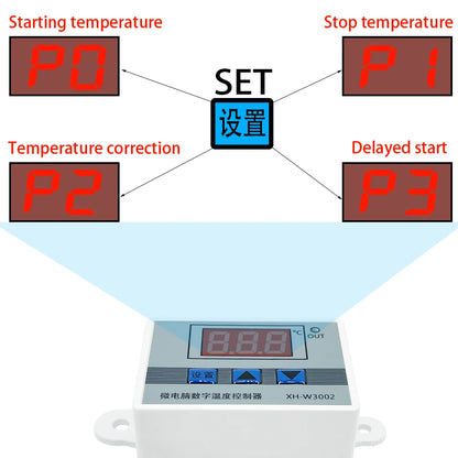 W3002 Digital LED Temperature Controller - 12V/24V/110V/220V, 10A Thermostat Regulator XH-3002