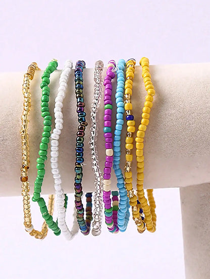 17Pcs Bohemian Elastic Beaded Bracelets - Colorful Stackable Stretch Bracelet Set, Handmade Rainbow Boho Beach Accessories