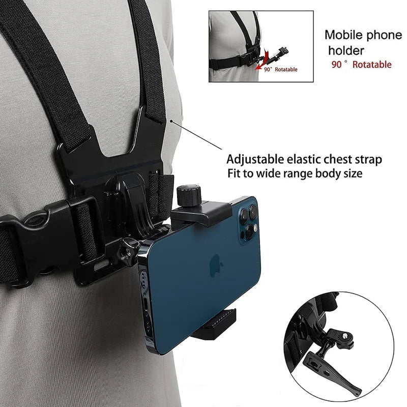 Universal Adjustable Mobile Phone Clip Chest Strap Holder – Fits iPhone 13, Xiaomi, Huawei, Samsung, GoPro 10/9 and Insta360