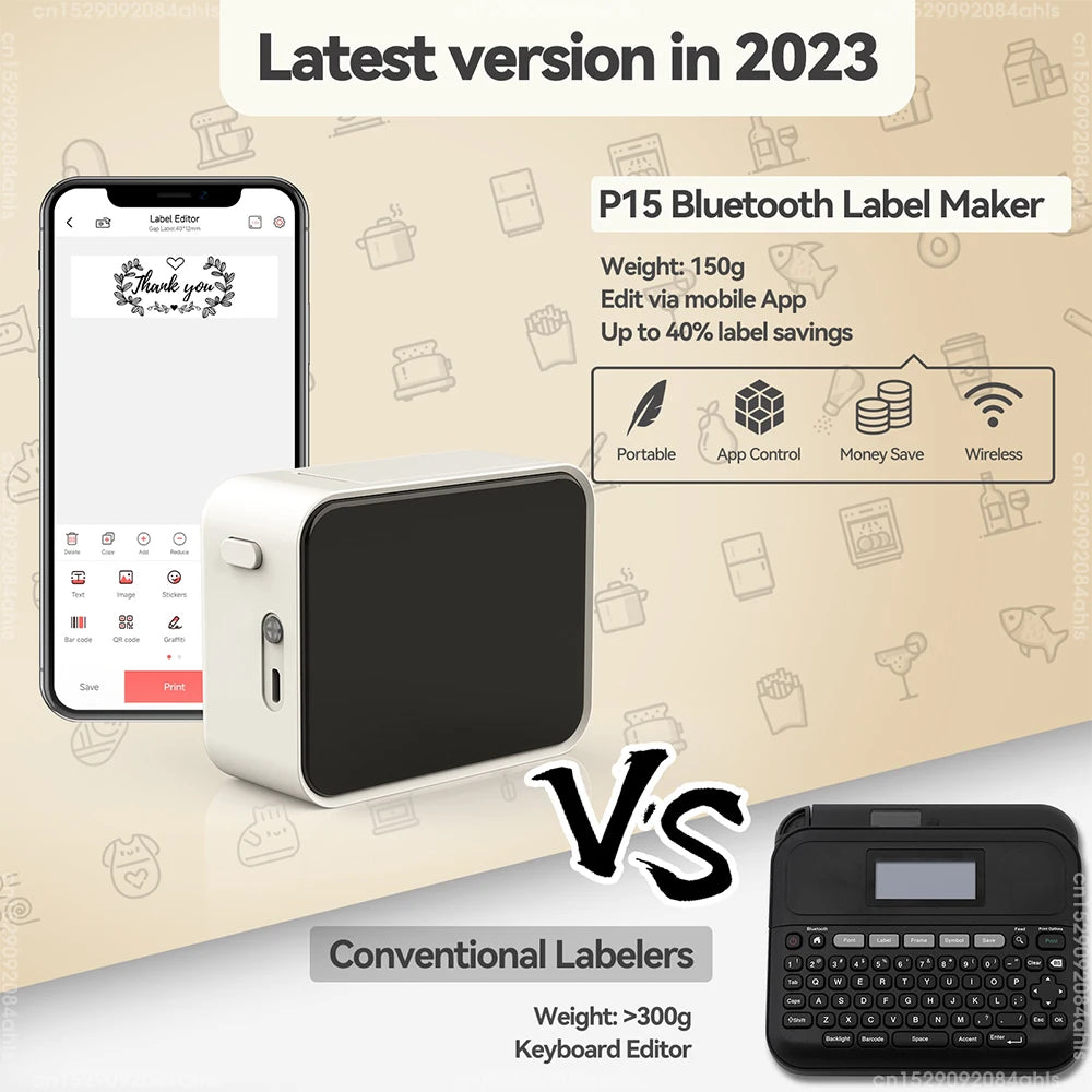 Wireless Bluetooth Label Printer - Portable Thermal Printer Similar to D11 D110 D101 Labeling Machine - Mini Label Maker for Stickers P15