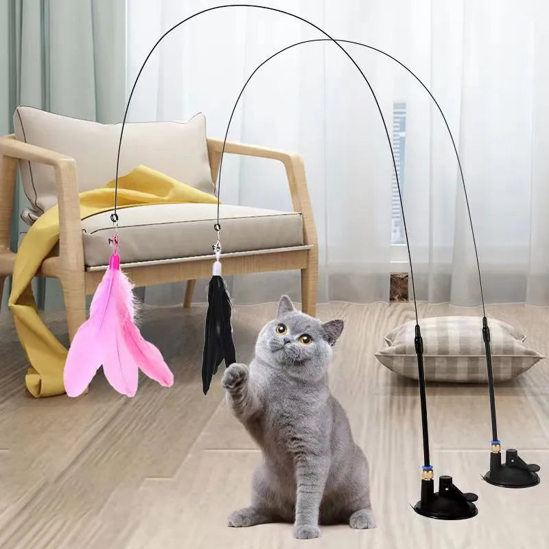Cats Toys Feathers Wand: Interactive Kitten Toy with Super Suction Cup, Detachable - Includes 2 PCS Feather Replacements, Cat Accesorios
