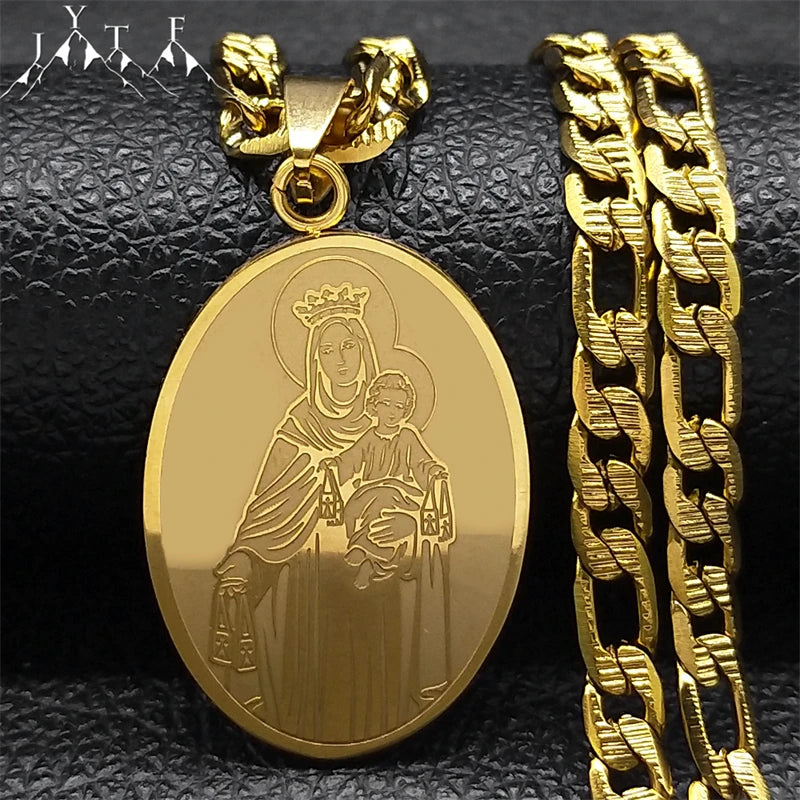 Classic Virgin Mary Pendant Necklace – Stainless Steel Gold Plated Catholic Jewelry for Women and Men – Mother Mary Necklace NZZZ140S05