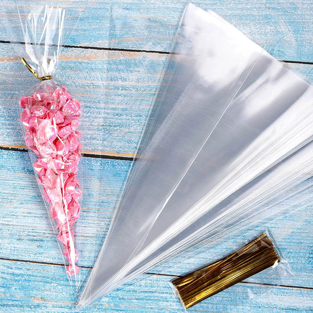 50pcs Candy Bags - Cellophane Popcorn Cone Cookies Storage Bags with Gold Twist Ties - Wedding & Birthday Party Favors