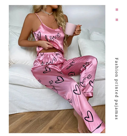 2PCS Sexy Women's Satin Pajama Set - V Neck Sleeveless Lingerie with Suspenders and Pants, Home Wear Loungewear