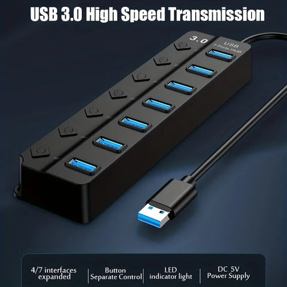 4/7-Port USB 3.0 Hub with LED Indicator - Independent Switch Control for Laptop, Flash Drives, Hard Drives, Printers, Cameras, and Keyboards