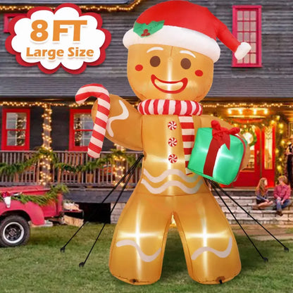 8FT Gingerbread Man Christmas Inflatable with Gift Pack - 2.4M Outdoor Xmas Yard Decoration with LED Lights for Lawn