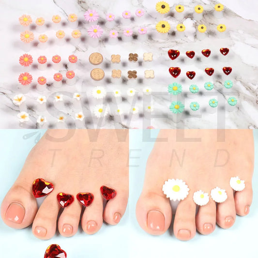 8 Pcs Silicone Toe Separator Pedicure Tools - Cute Daisy Flower Heart Design with Rhinestones, Soft and Effective Foot Care Kit (BES13)