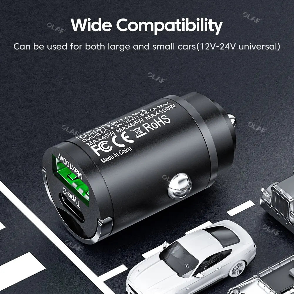 Olaf Mini 100W PD QC Fast Charging Car Charger - USB C Adapter for iPhone 13/12, Xiaomi, Samsung & Huawei - Pull Ring Design