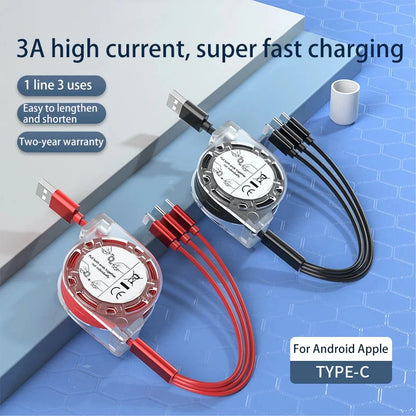 3-in-1 Telescopic USB Cable - Fast Charging for Apple, Type-C, and Android Phones