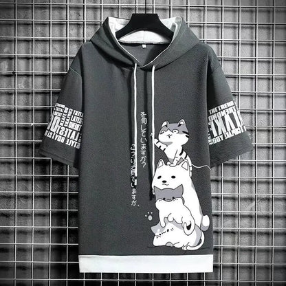 Harajuku Streetwear Hooded Top: Japan Fashion Men's Hoodies - Cartoon Casual Print, Short Sleeve Sweatshirts for Summer Style